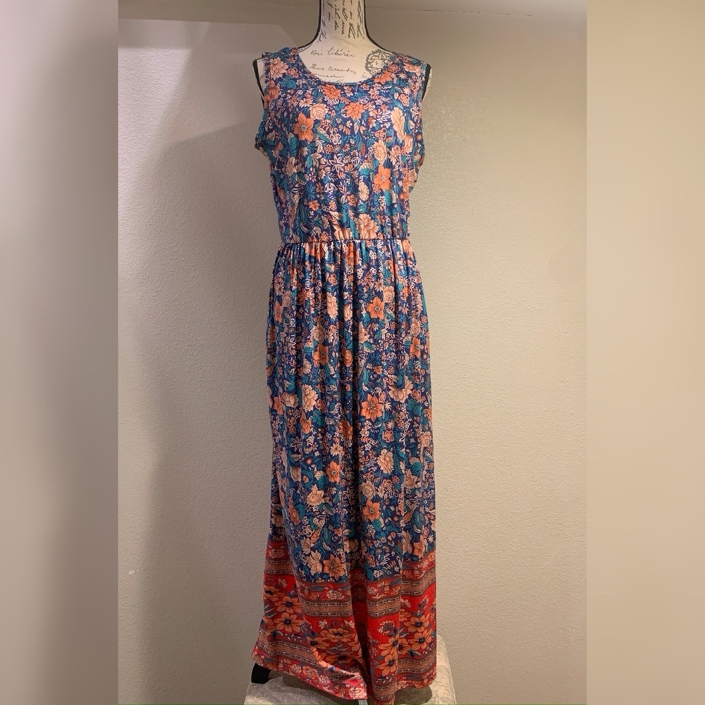 Boho Floral Sleeveless Maxi Dress - Blue and Orange